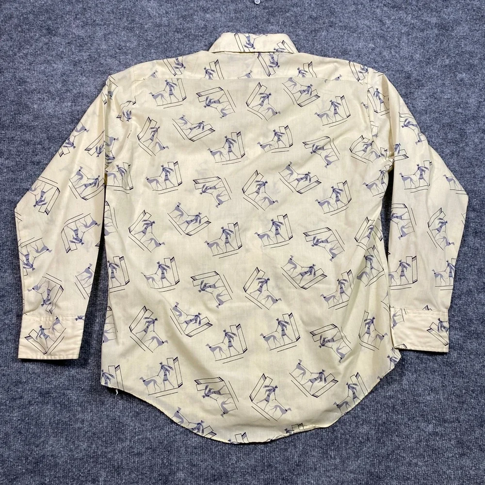 Vintage Lord & Lord Greyhound Novelty‎ Print Shirt Mens 16.5 x 34 Cream 70s MCM - Picture 8 of 9